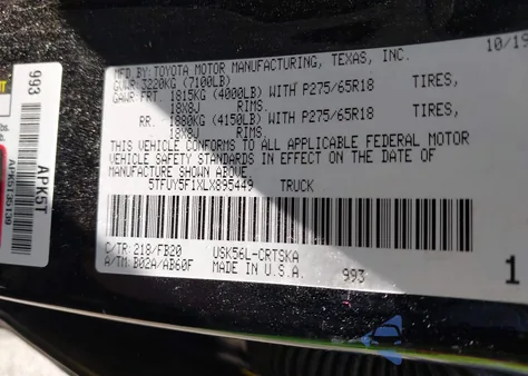 2020 Toyota Tundra Sr5 from USA, damaged, VIN 5TFUY5F1XLX895449